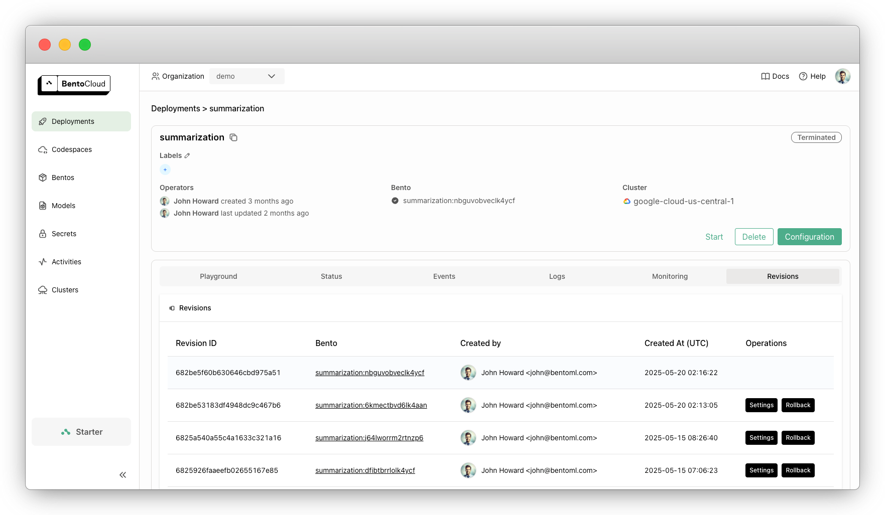 Revisions and rollbacks on BentoCloud